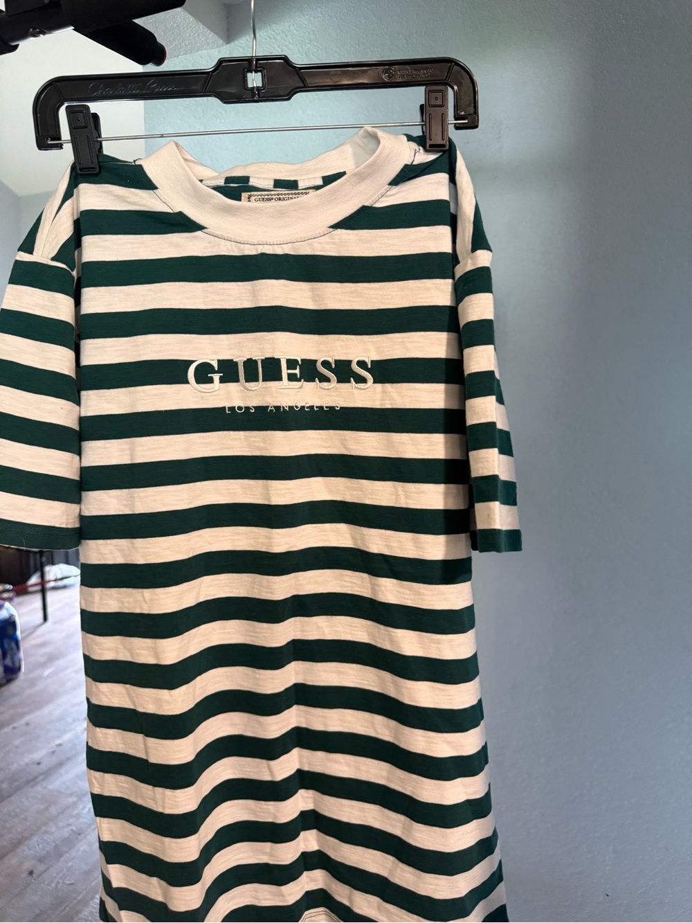 GUESS Originals Striped Tee with Forest Green and White